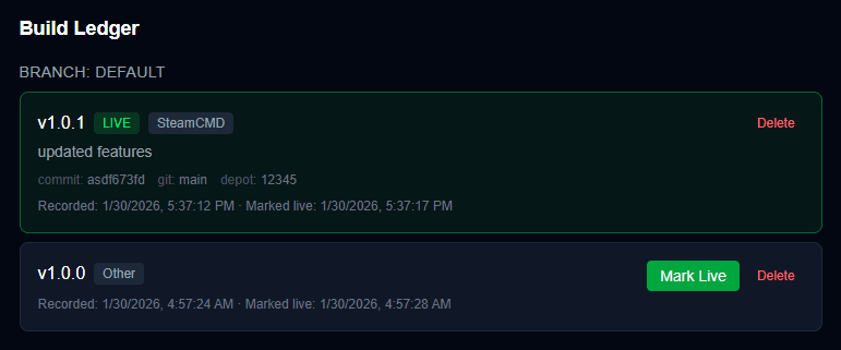 Steam Ledger - Build history with version tracking and live status